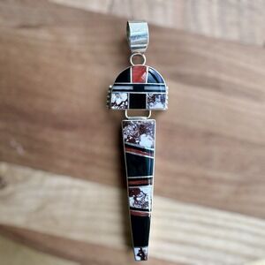 Navajo Annabelle Peterson AP Kachina Pendant 3.5 Inch Onyx Coral Sterling 16.7g